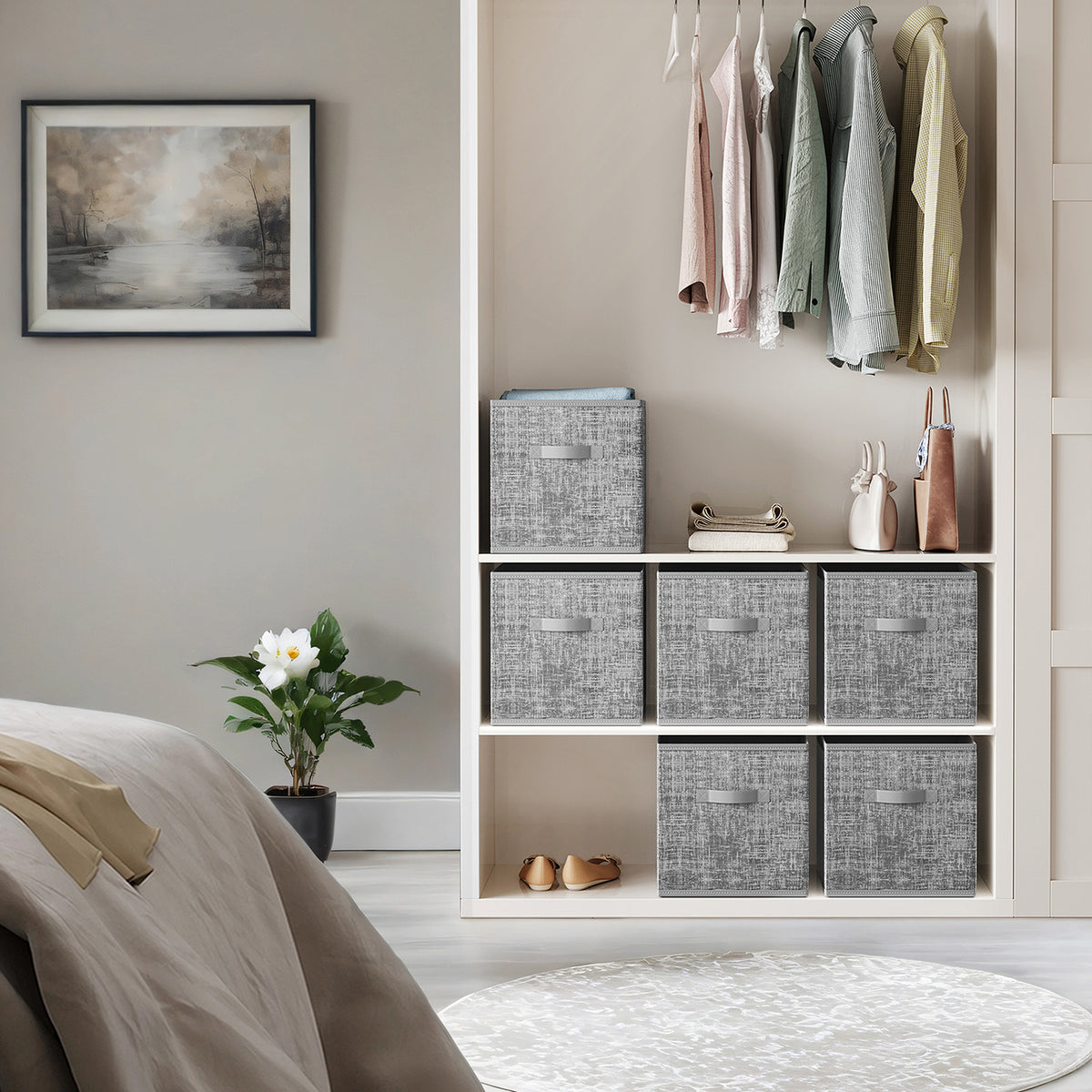 Storage Cube Organizer - 6-Pack Foldable Fabric Bins with Handles, 13" IKEA Compatible Shelving System, Cattail Gray