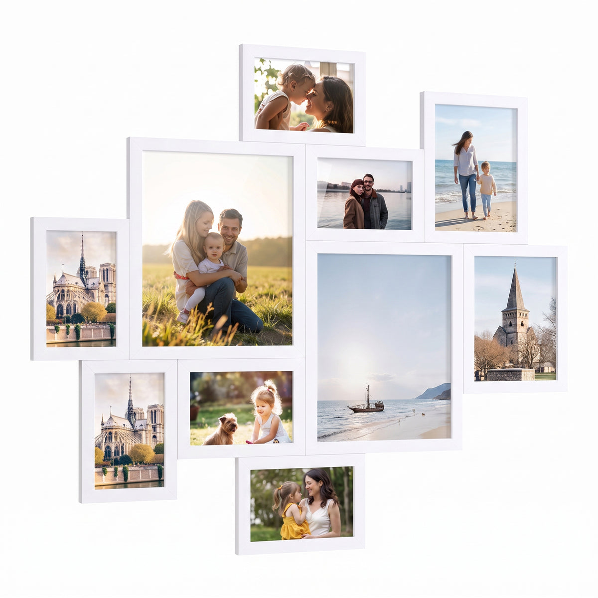 Collage Photo Frames 10-Piece Set, Interlocking Wall Picture Frames, 8x10 5x7 4x6 Inches, White