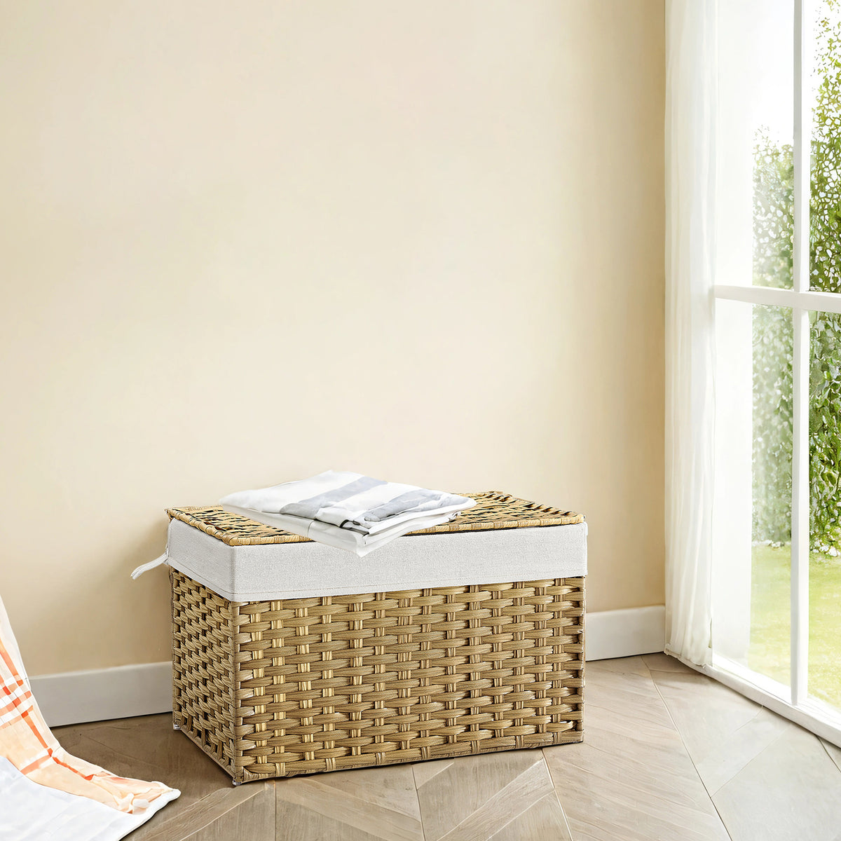 Storage Basket with Lid, Large 105L Foldable PP Rattan Bin with Metal Frame, Removable Liner, Handles, Multi-Room Use, Natural