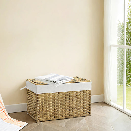 Storage Basket with Lid, Large 105L Foldable PP Rattan Bin with Metal Frame, Removable Liner, Handles, Multi-Room Use, Natural