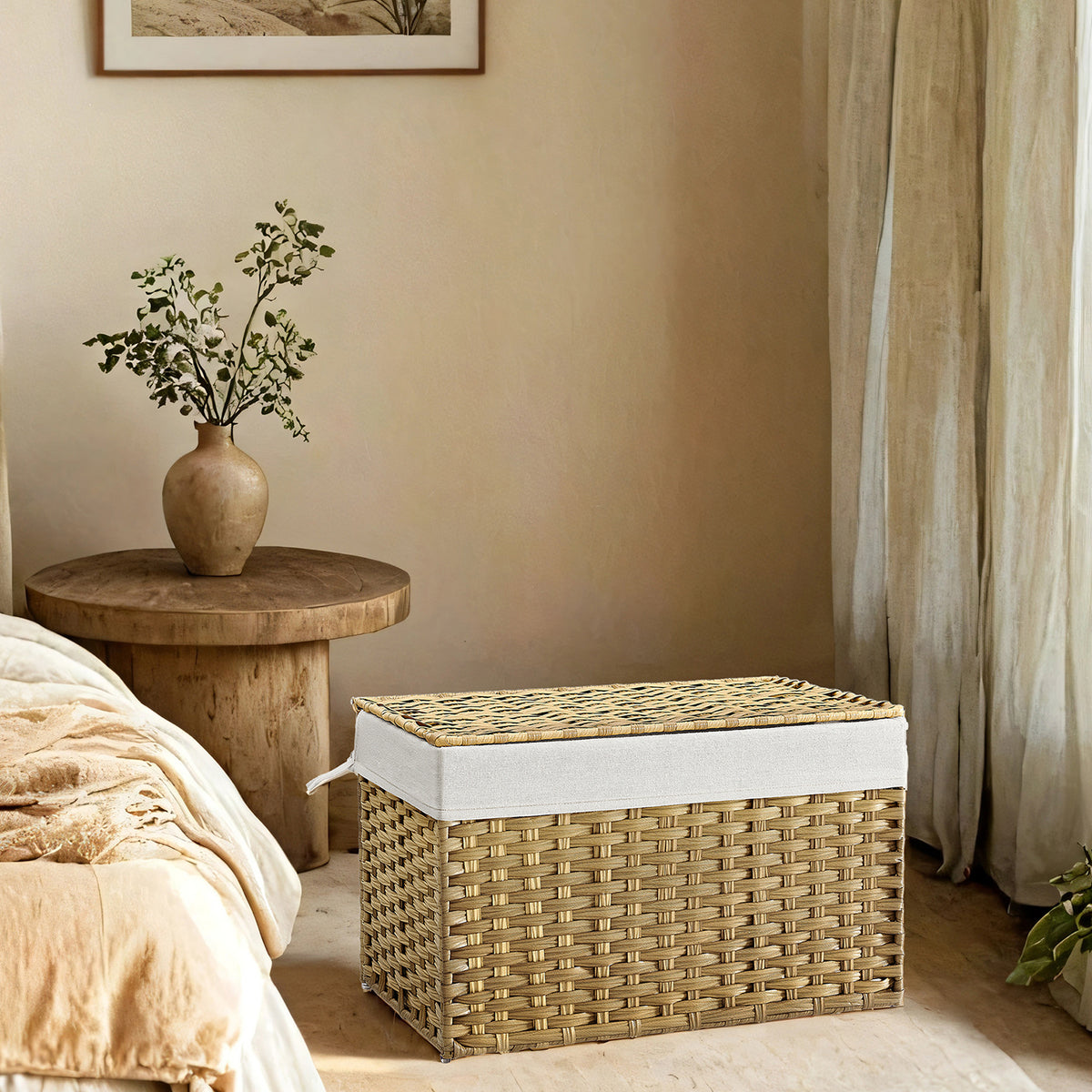 Storage Basket with Lid, Large 105L Foldable PP Rattan Bin with Metal Frame, Removable Liner, Handles, Multi-Room Use, Natural