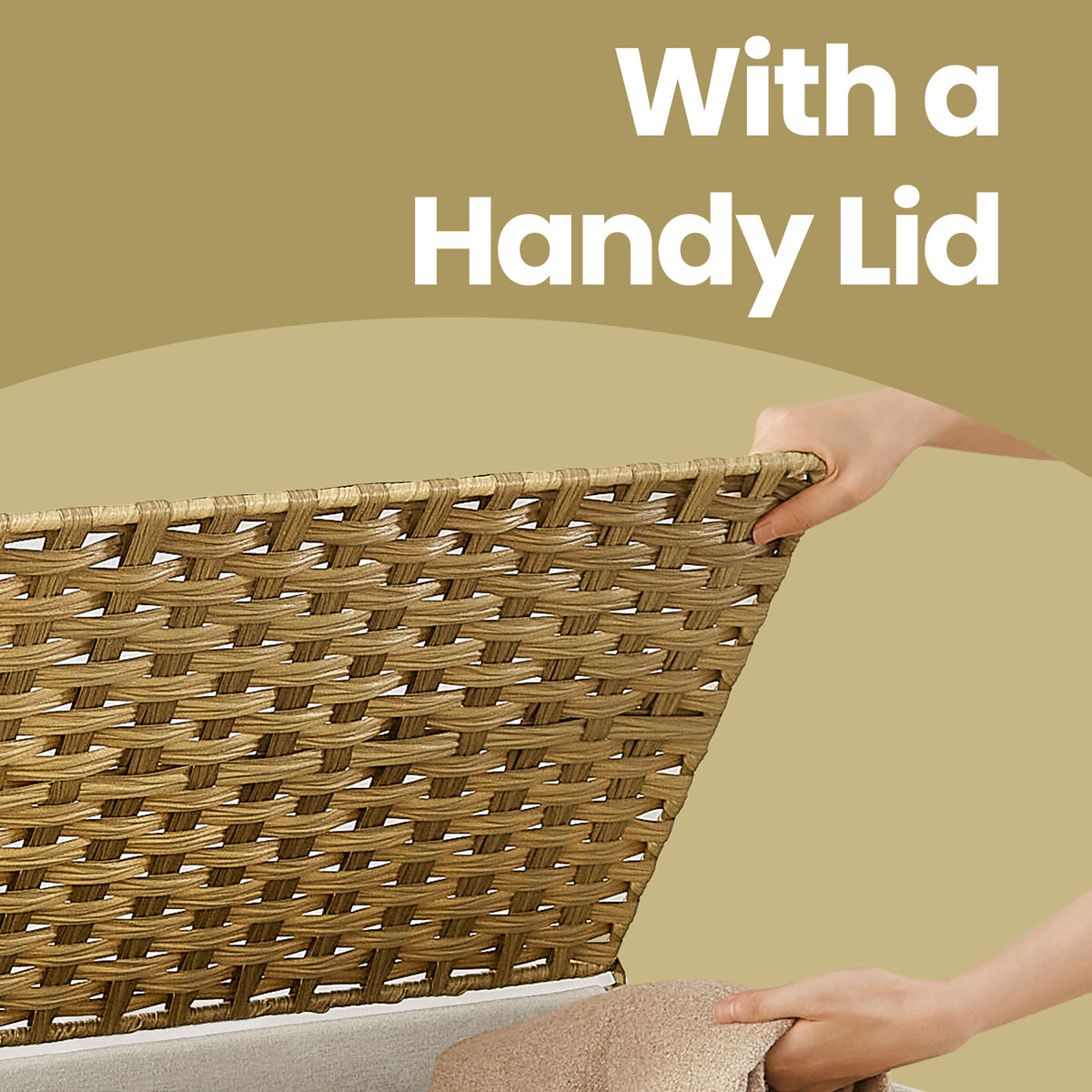 Storage Basket with Lid, Large 105L Foldable PP Rattan Bin with Metal Frame, Removable Liner, Handles, Multi-Room Use, Natural