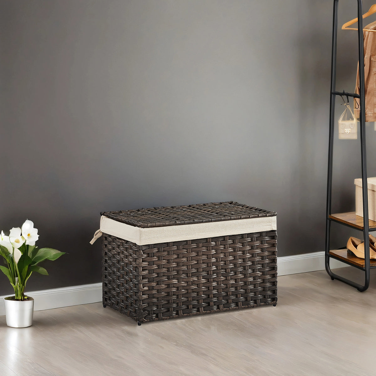 17.2 Gallon Storage Basket with Lid, Foldable Woven Laundry Bin with Removable Liner & Handles, Brown