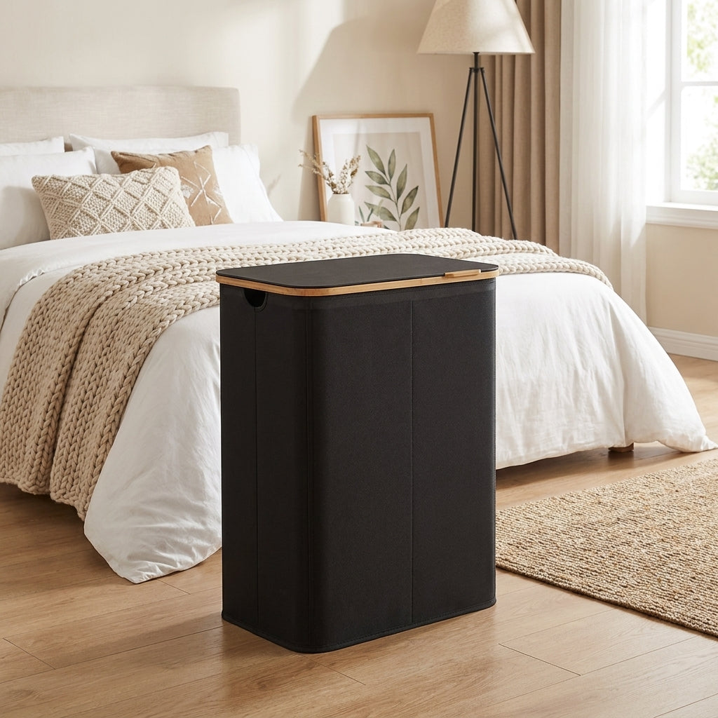 Laundry Hamper with Lid, Foldable Bamboo Frame Basket, 37 Gal 2-Compartment Organizer, Oxford Fabric, for Bedroom Living Room, Ink Black