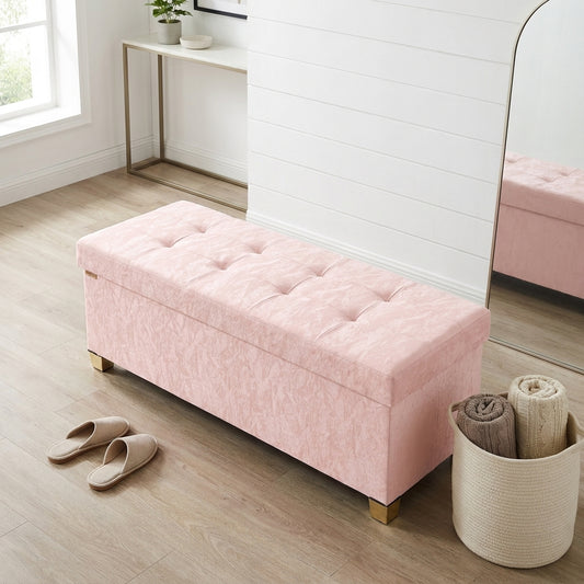 Storage Ottoman Bench, Sturdy Foldable PU Leather Footrest with Padded Seat, 43.3 x 15 x 15.7 Inches, Pink