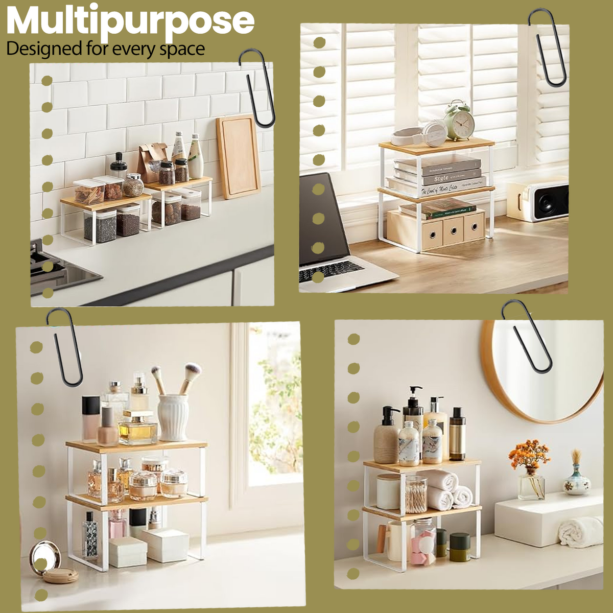 Kitchen Cabinet Organizer Shelf Set - 4-Tier Stackable & Expandable Storage Rack, Spice & Pantry Shelf, Metal，Wood Design, White，Beige