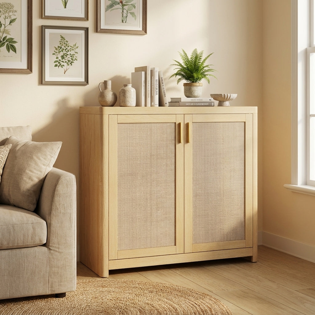 Boho Buffet Cabinet, Sideboard Storage with Rattan-Look Doors, Adjustable Shelf, Rounded Corners, for Kitchen Dining Room, Oak Beige