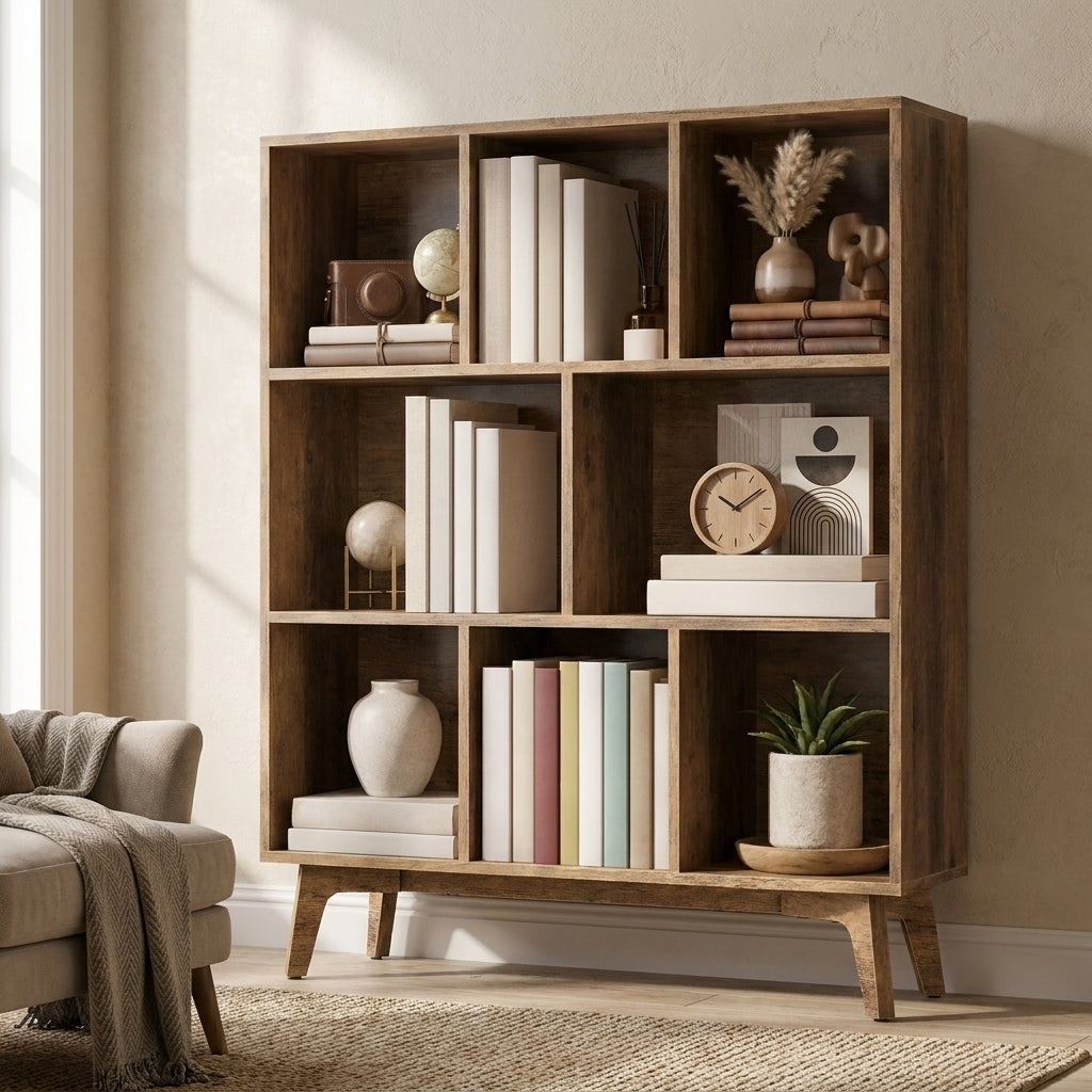 Bookshelf, Bookcase, Freestanding Storage Unit, 8 Open Compartments, Used Horizontally, Vertically, Upside Down, Yellow Brown