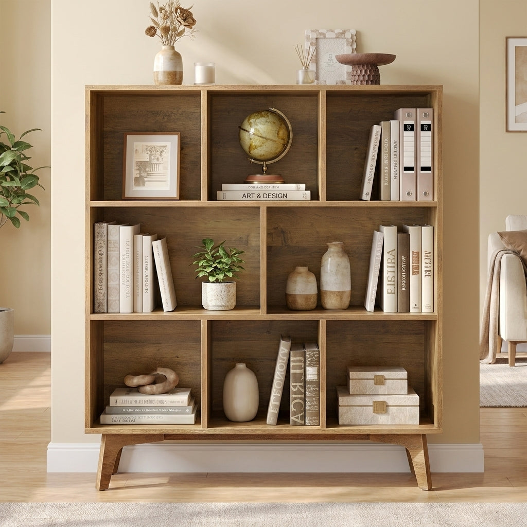 Bookshelf, Bookcase, Freestanding Storage Unit, 8 Open Compartments, Used Horizontally, Vertically, Upside Down, Yellow Brown
