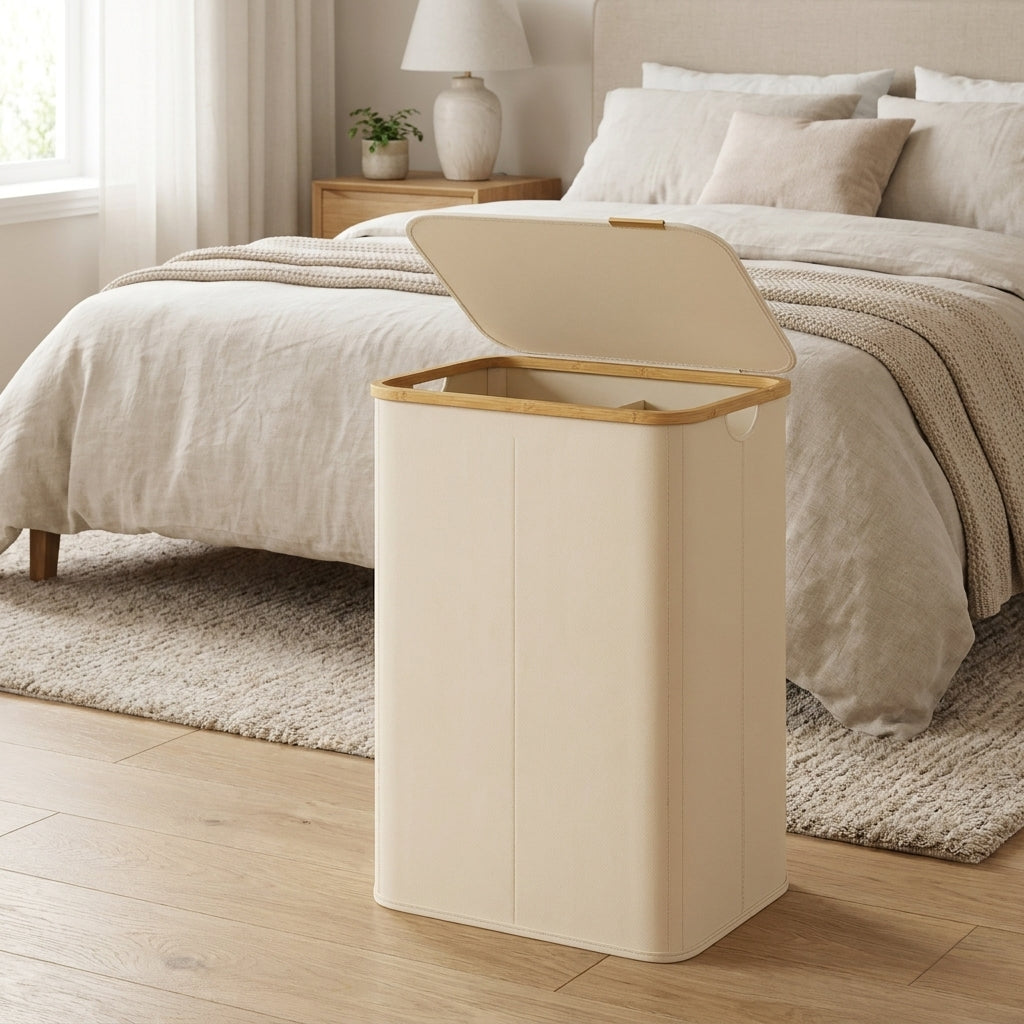 Laundry Hamper with Lid, Foldable Bamboo Frame Basket, 37 Gal 2-Compartment Organizer, Oxford Fabric, for Bedroom Living Room, Cream White