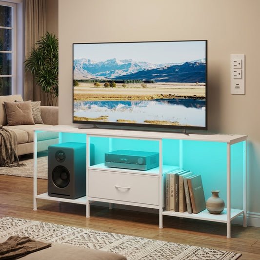 TV Stand with LED Lights and Power Outlets, Entertainment Center with Drawer, 61.8 x 13.8 x 23.6 inches, White