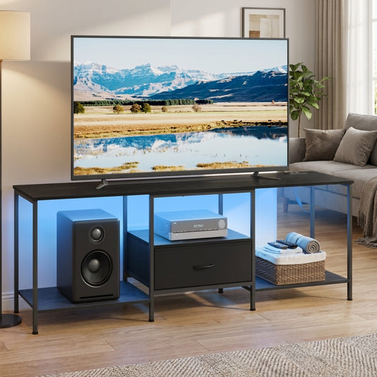 TV Stand with LED Lights and Power Outlets, Entertainment Center with Drawer, 70.5 x 13.8 x 23.6 inches, Black