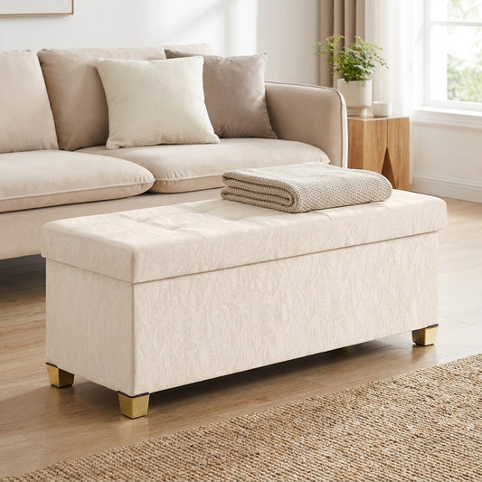 Storage Ottoman Bench, Sturdy Foldable PU Leather Footrest with Padded Seat, 43.3 x 15 x 15.7 Inches, White