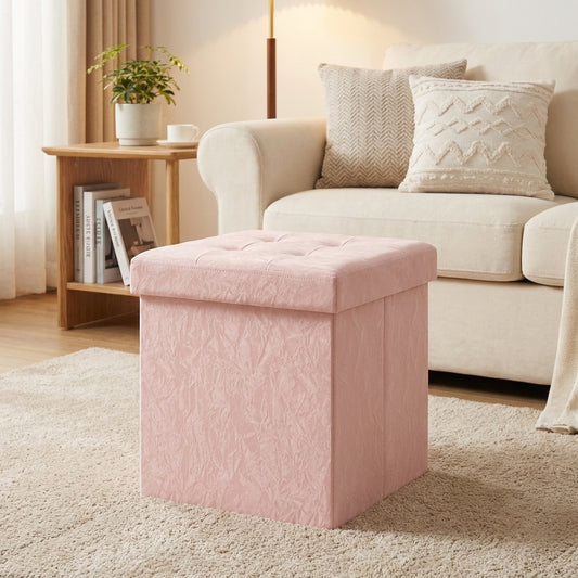 Textured PU Leather Storage Ottoman, Foldable Cushioned Footstool, 15 x 15 x 15 Inches, Pink