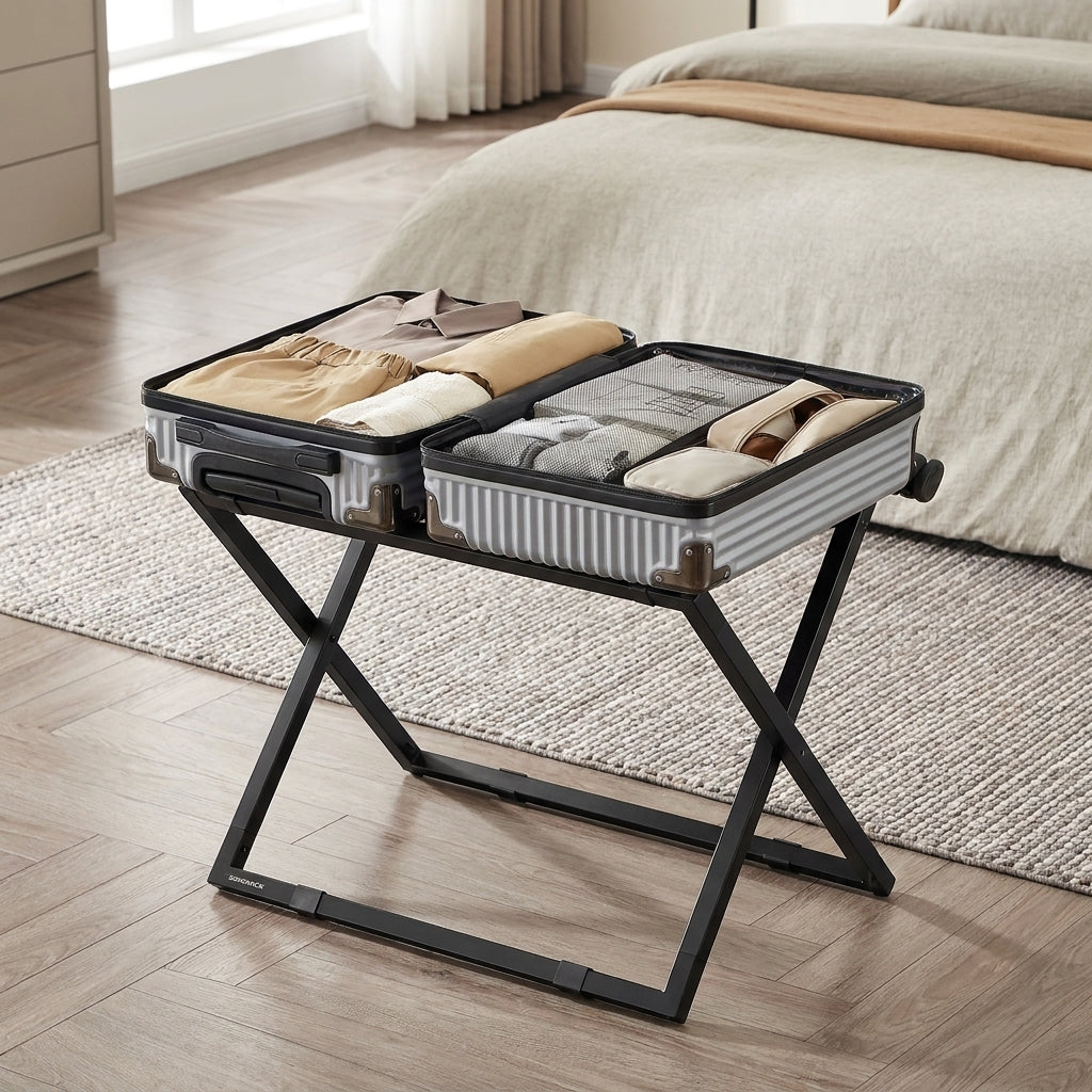 Luggage Rack, Foldable Steel Suitcase Stand for Guest Room, 27.4 x 17.4 x 19.7 Inches, Black