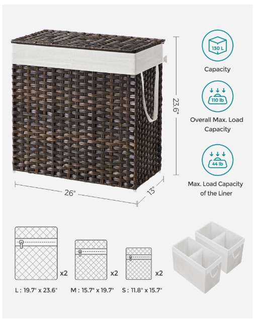 110L Laundry Hamper Basket with Lid Clothes Hamper with 2 Removable Liner Bags & 6 Mesh Bags Wicker Laundry Basket for Laundry Room Brown